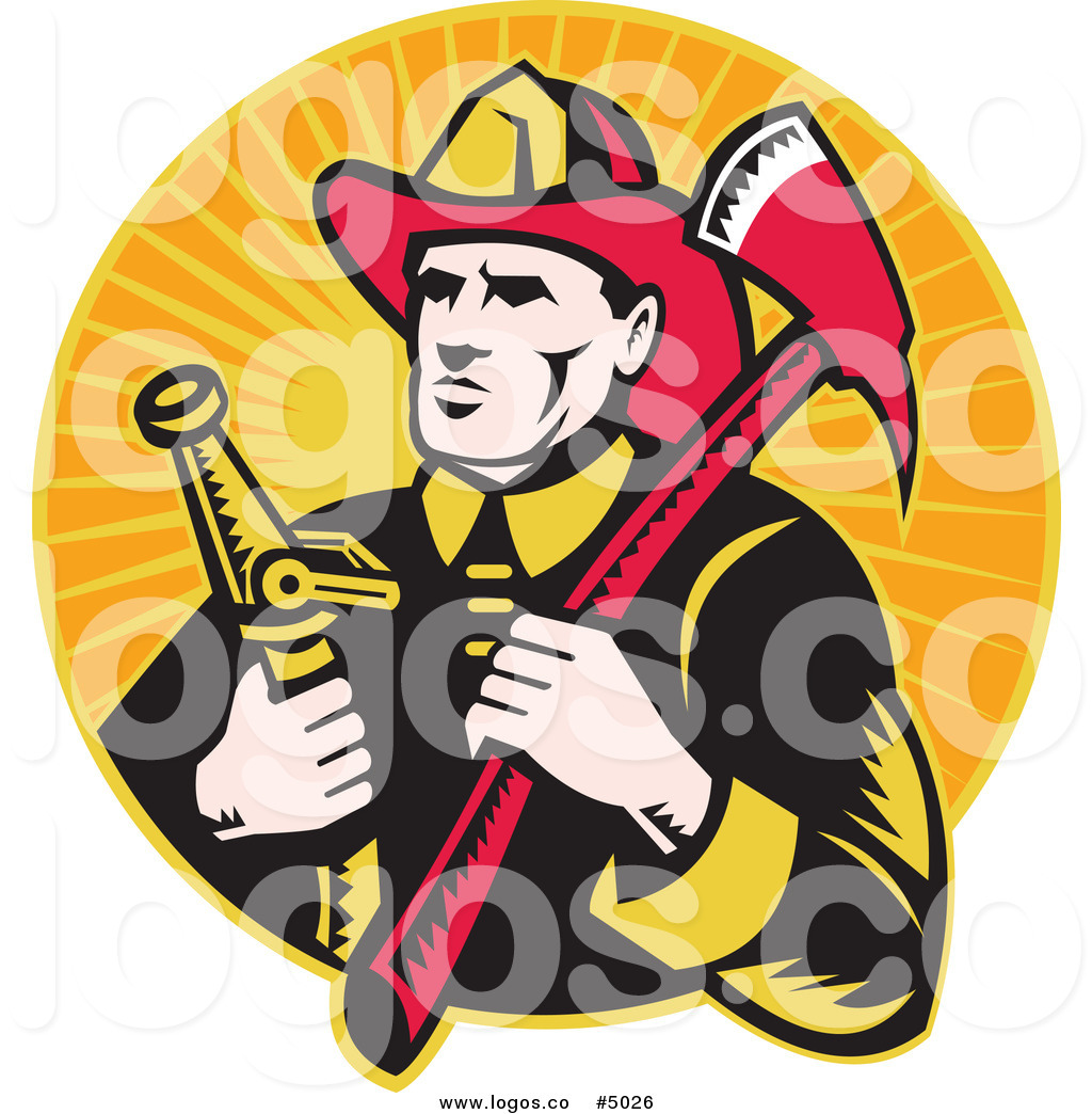 Royalty Free Vector Of A Fireman With An Axe And Hose Logo