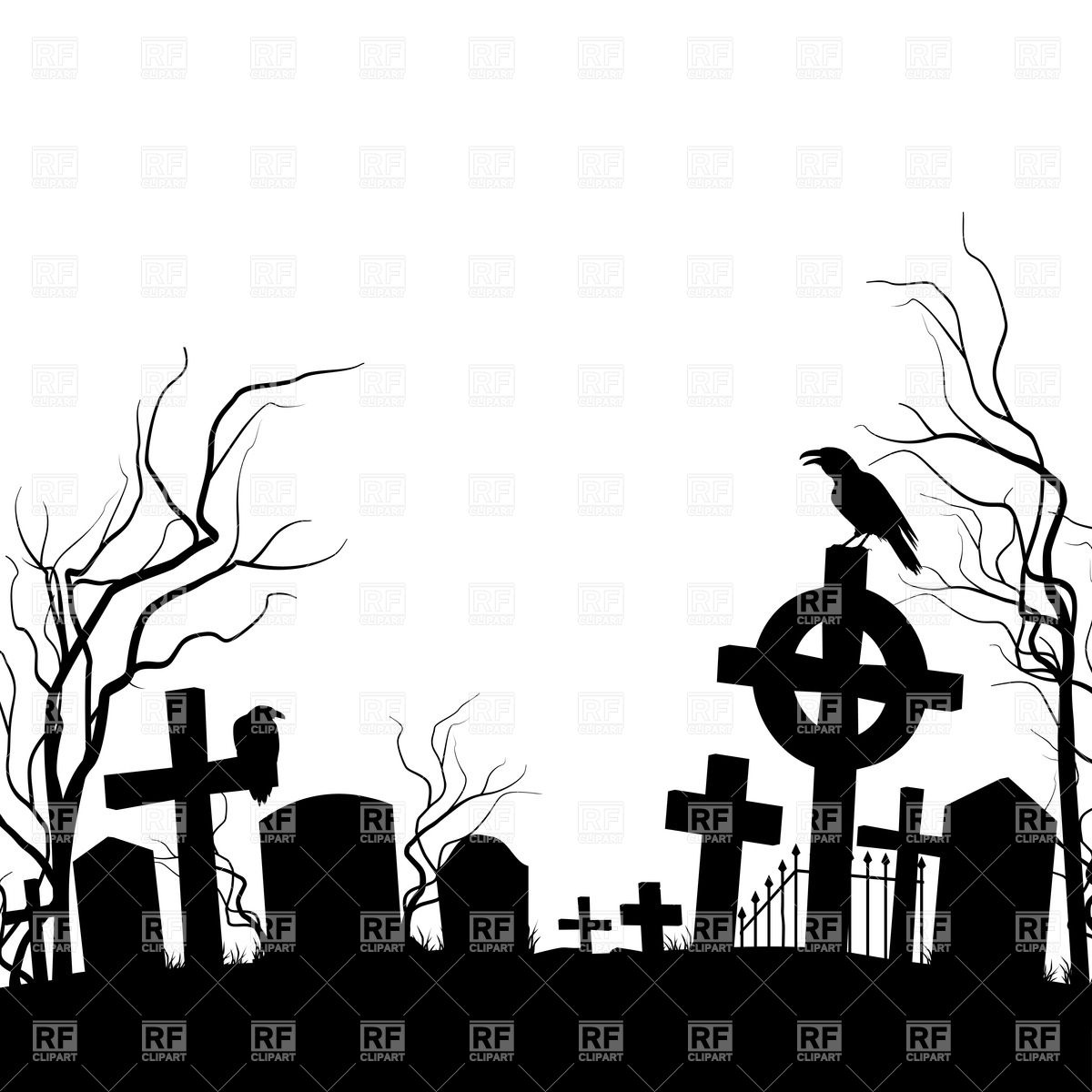 Silhouette Of Cemetery With Raven Sitting On The Tombstone 35710