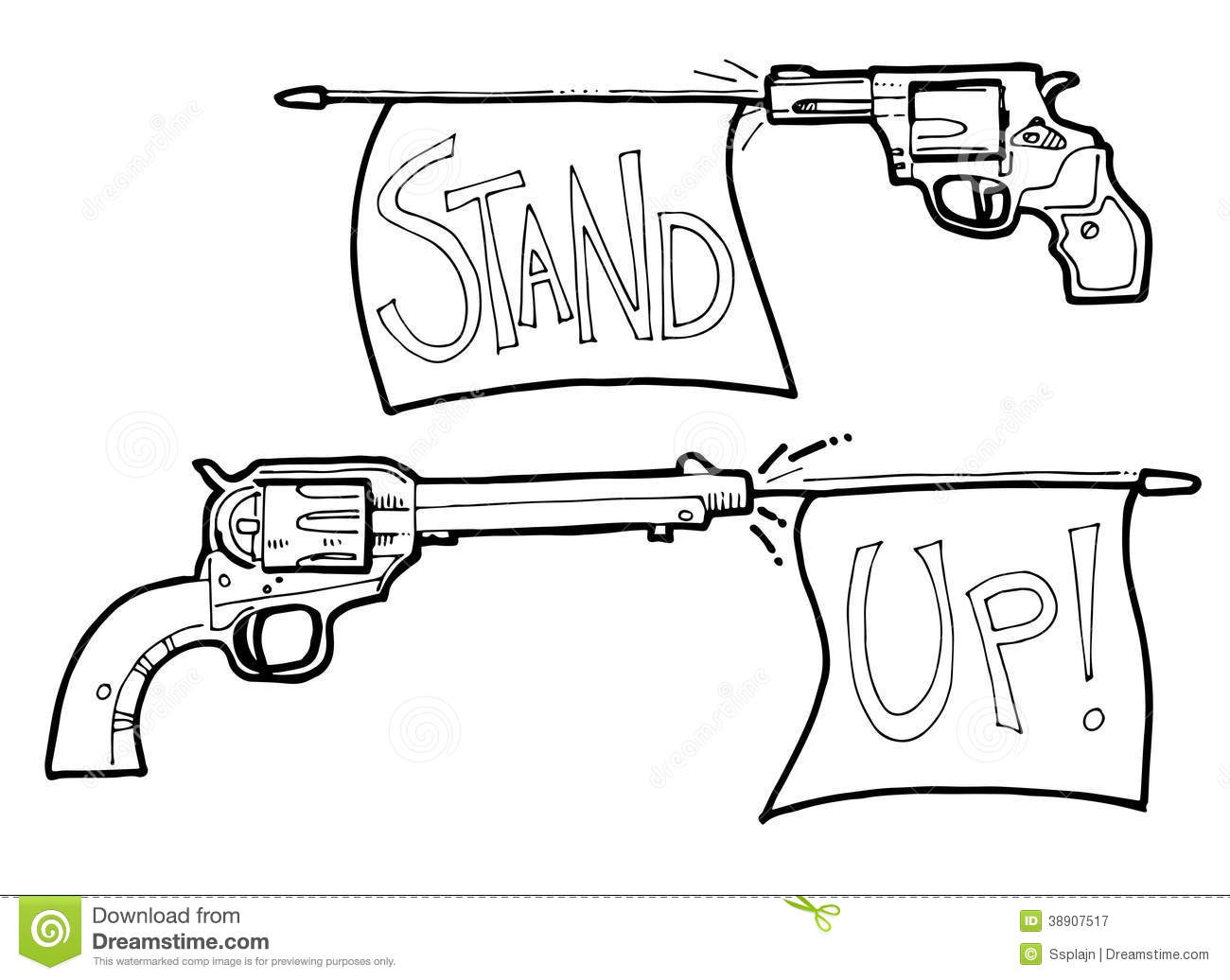 Cartoon Gun And Revolver With Bang Flag Illustration  Stand Up