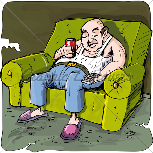 Cartoon Of Lazy Drinking Man On A Couch With Tv Remote   Gl Stock