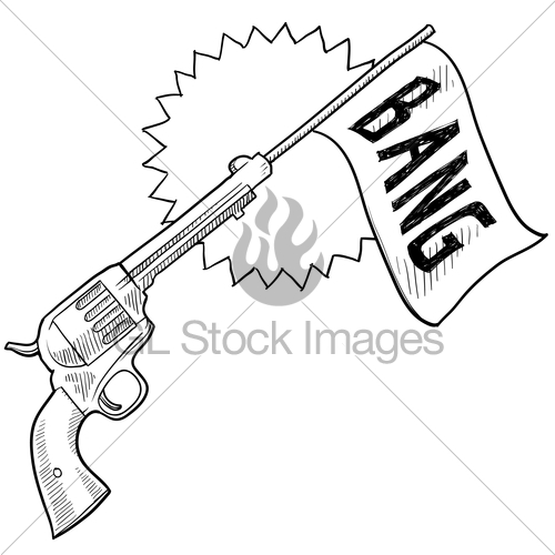 Doodle Style Comic Pistol With Bang Flag Sketch   