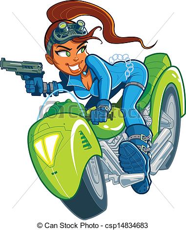 Vector Of Motorcycle Spy Girl   Sexy Action Hero Spy Girl With Gun In