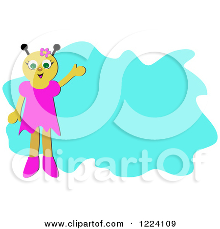 Clipart Of A Bug Girl Presenting Blue Text Space   Royalty Free Vector
