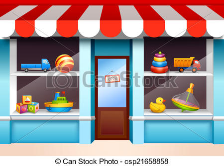 Clipart Vector Of Toys Shop Window   Plastic Children Toys Set On Shop