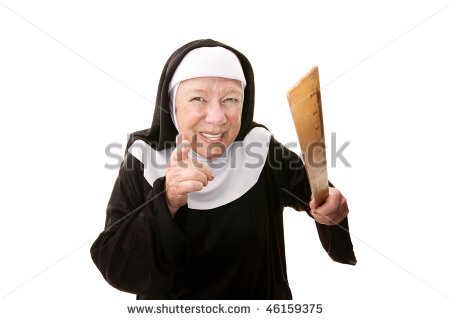Funny Nun Carrying Wooden Ruler As A Weapon   Stock Photo