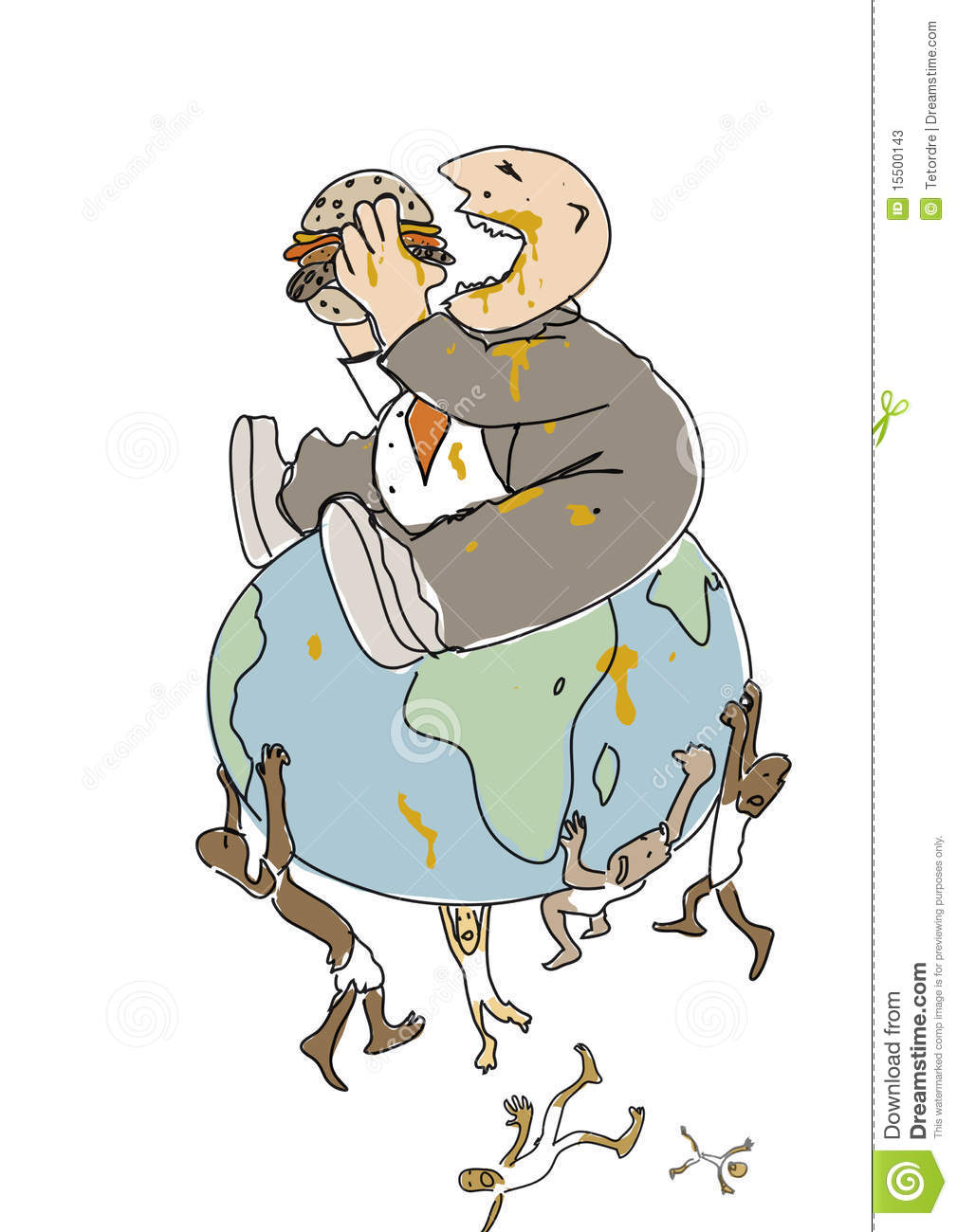Illustration Fat Rich Man Sitting On Top Of The Globe Eating A Burger