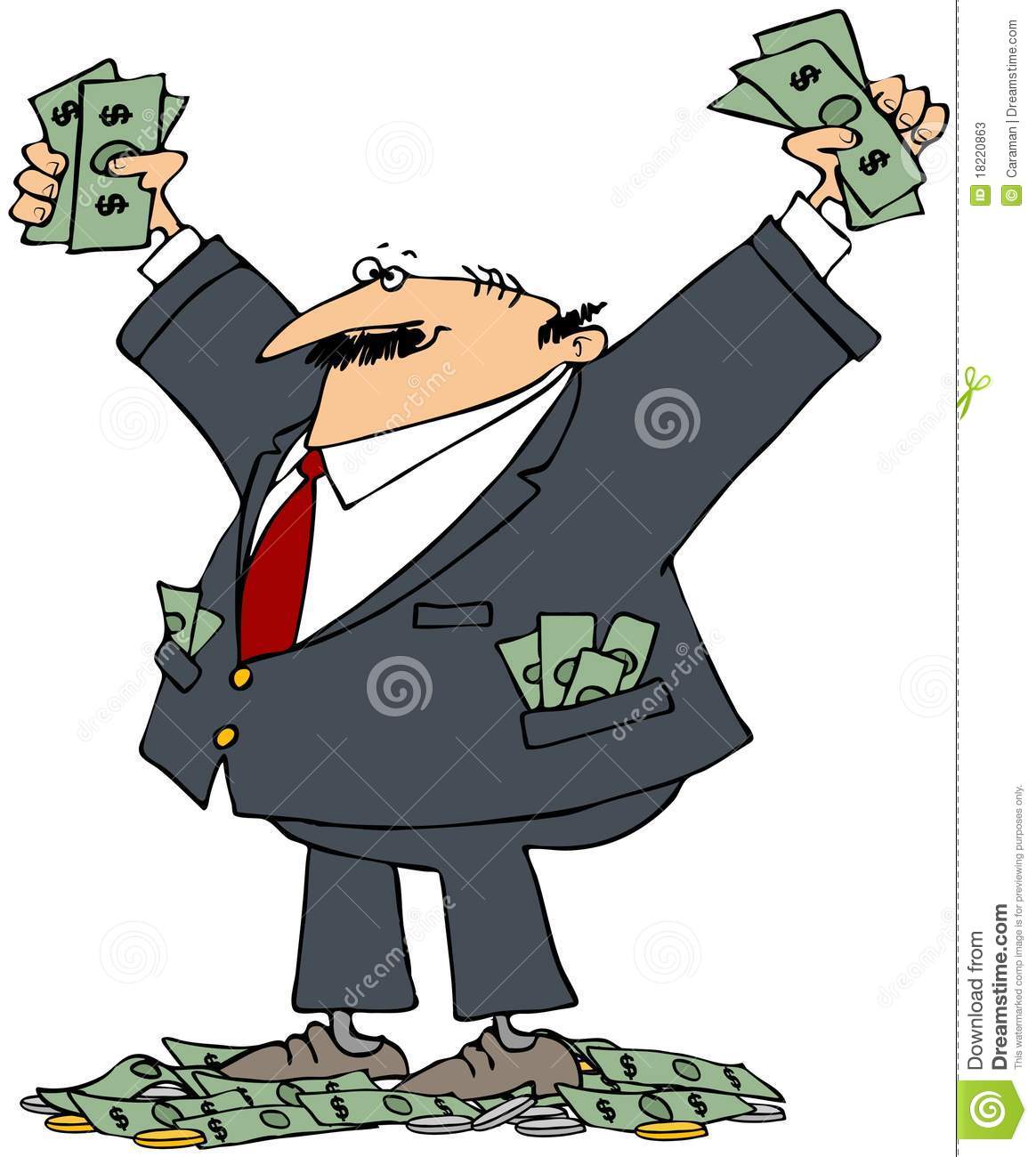 This Illustration Depicts A Businessman Holding Up Dollars With More