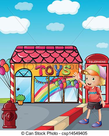 Vector Clipart Of A Boy Wearing A Hat Waving Outside The Toy Shop