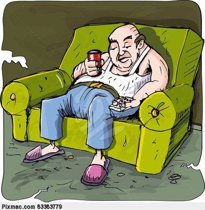 Cartoon Of Lazy Drinking Man On A Couch With Tv Remote