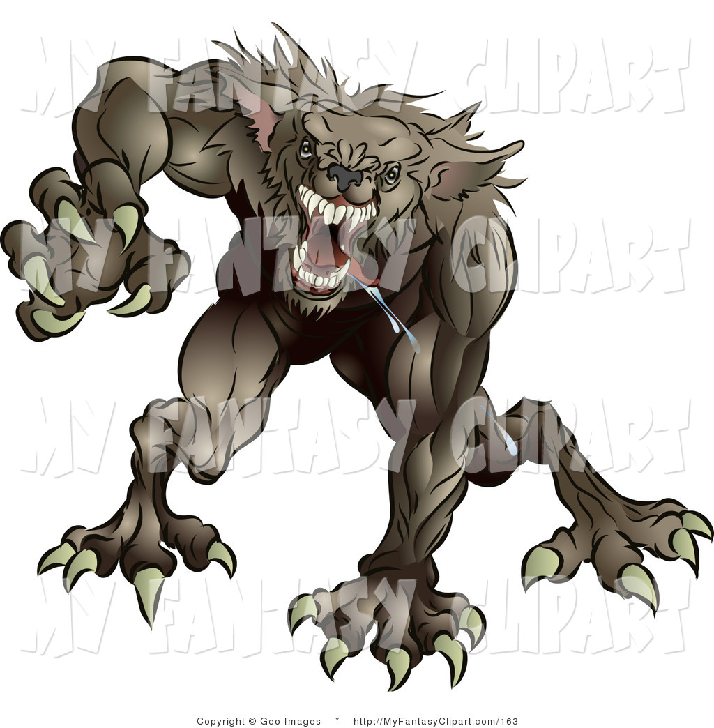 Clip Art Of An Aggressive Drooling And Growling Gray Werewolf Monster