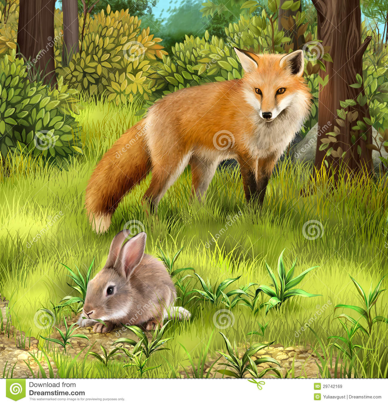Gray Hare Eating Grass  Hunting Fox In The Forest  Royalty Free Stock