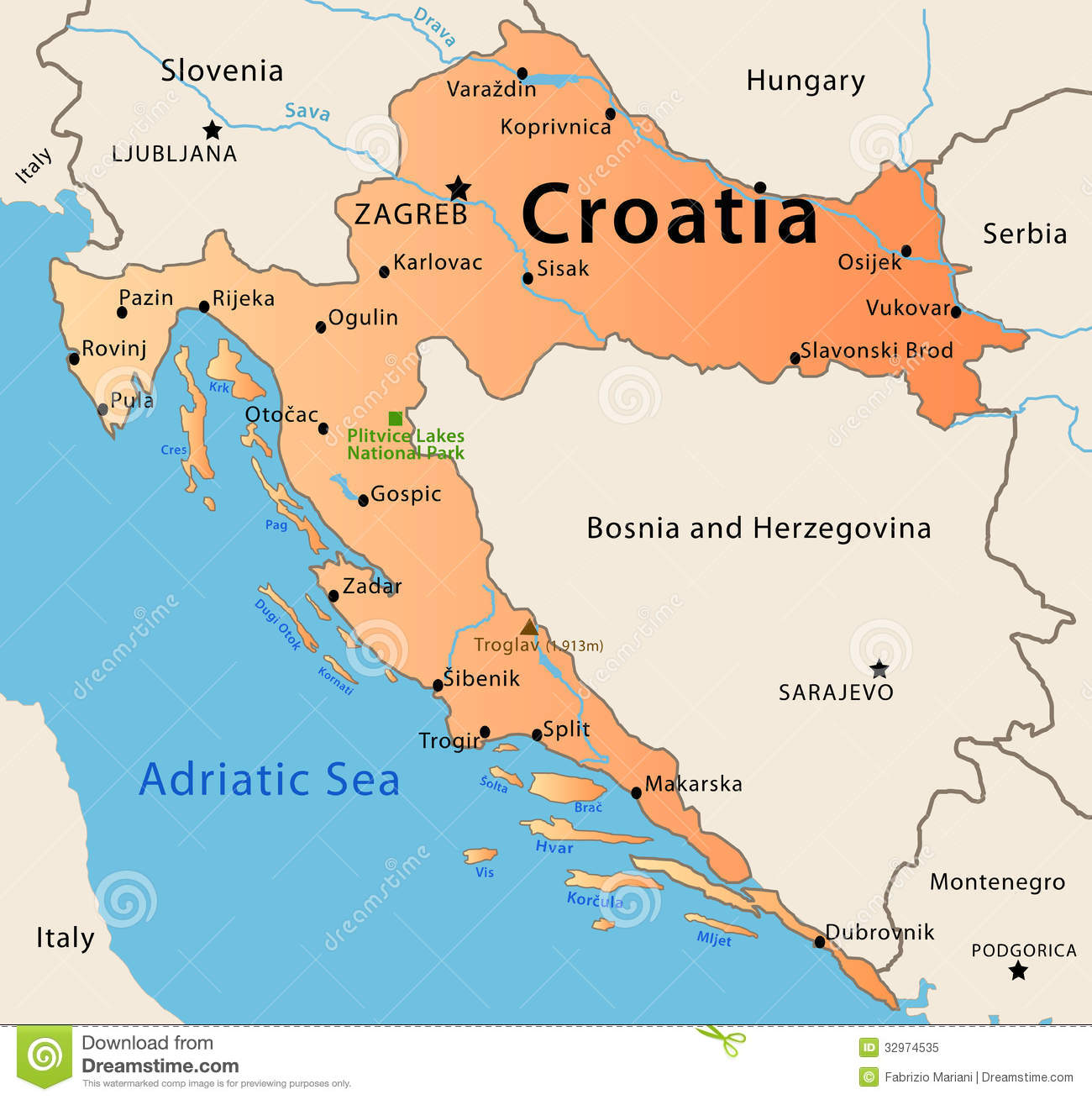 Illustration Of The Map Of Croatia  Featuring Rivers The Highest Peak