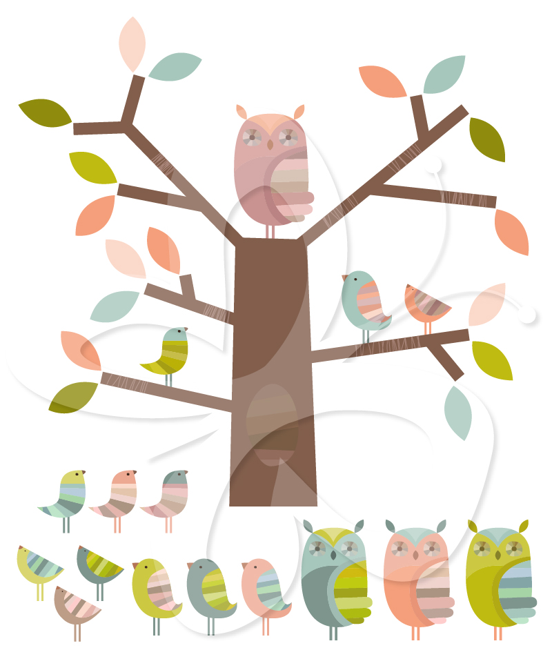 Owl And Bird Tree Clipart Set