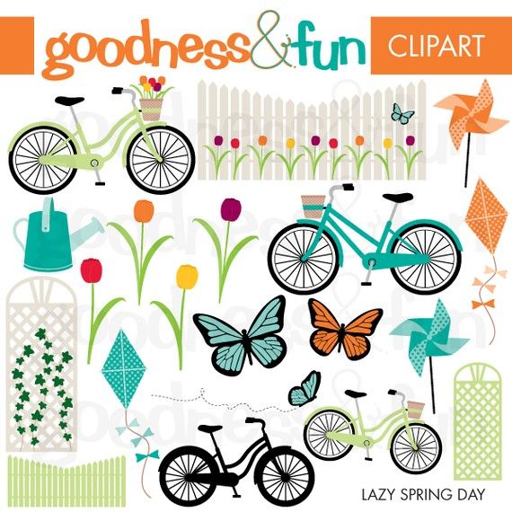 Spring Digital Clip Art Bike Butterfly Watering Can Kite Fence
