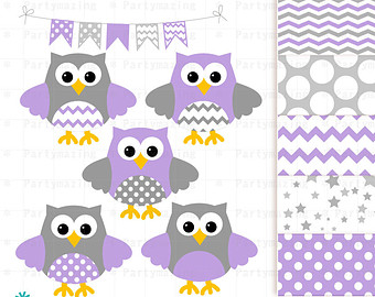 Grey Clip Art Set And Digital Paper Set Cute Owl Clipart Set Polka Dot