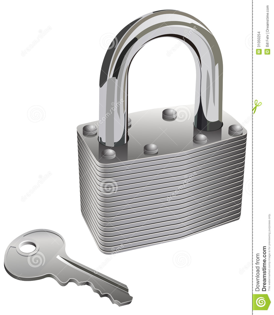 Isolated And Realistic Chrome Pad Lock And Key