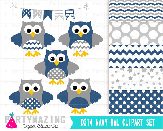 Owl Clipart Navy Blue And Grey Clip Art Set And Digital Paper Set