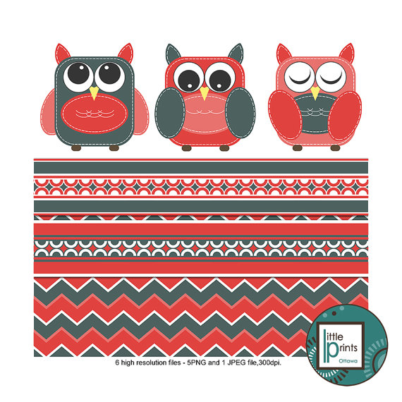 Owl Clipart Set   Red And Grey Owls Clip Art Digital Scrapbook Paper