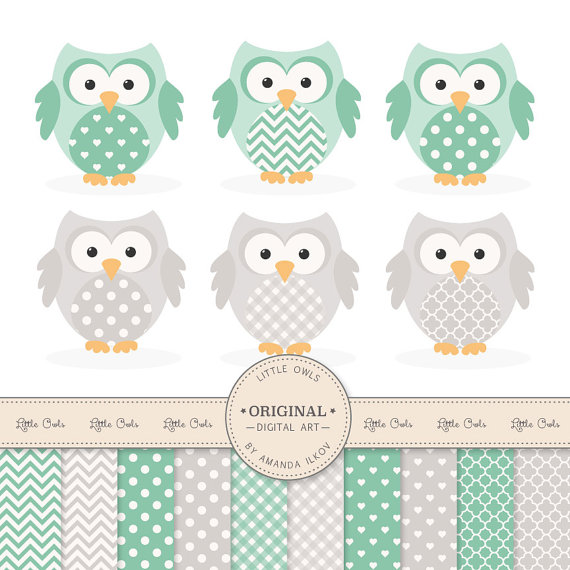 Premium Owl Clipart Vectors   Digital Papers   Grey And Mint Owls