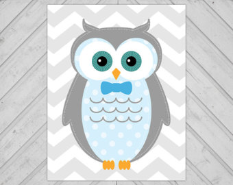 Printable Baby Boy Owl Wall Art Chevron Nursery Decor Blue And Gray    