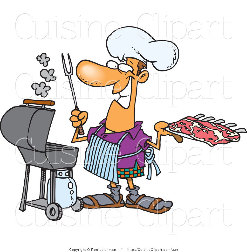 Cuisine Clipart Of A Smiling Man Preparing To Barbeque Ribs On A Gas    