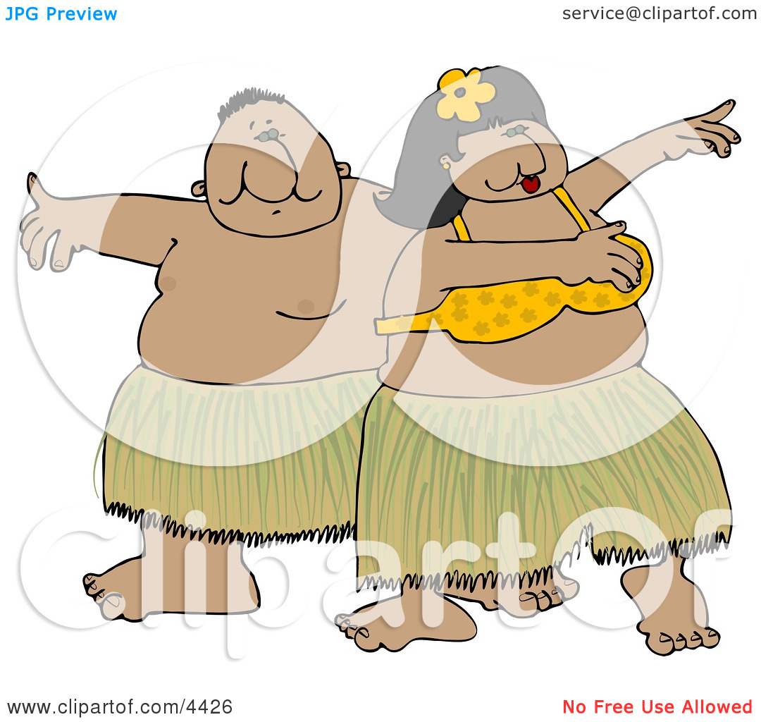 Hawaiian Man And Woman Hula Dancing Together In Hawaii Attire Clipart