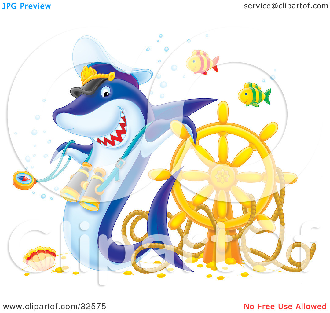 Clipart Illustration Of Two Fish Swimming By A Shark Wearing A