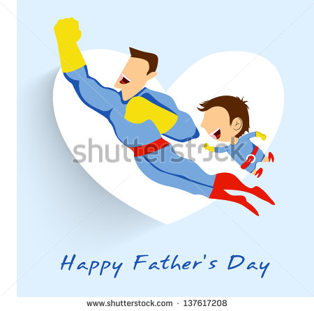 Superhero Father And Son Flying Up On White Heart Shape Blue