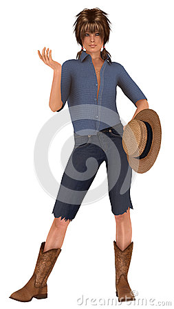 With Pig Tails Wearing Blue Jeans Cut At The Knee Holding Straw Hat