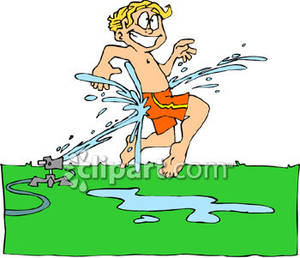 Boy Playing In The Sprinkler   Royalty Free Clipart Picture