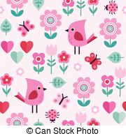 Cute Pink Pattern For Girls With Birds Hearts And Flowers Stock    