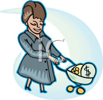 Rich Lady With Cart Full Of Money   Royalty Free Clip Art Picture