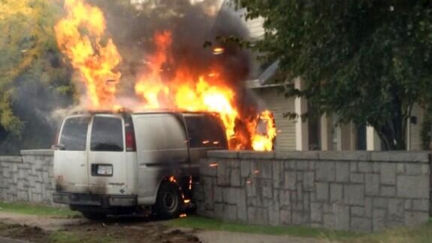 The Van Burst Into Flames After Crashing Into A Concrete Wall    