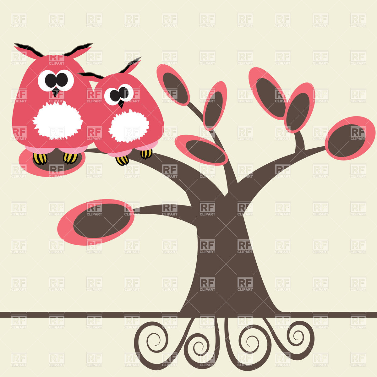 Two Funny Cartoon Owls On The Tree Branch 22927 Plants And Animals