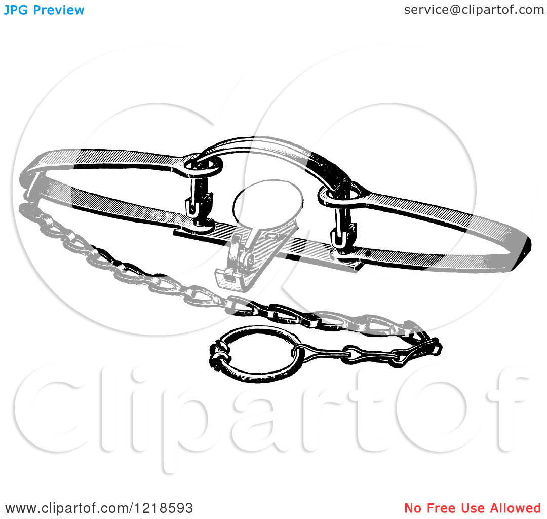 Clipart Of A Black And White Steel Animal Trap For Fox   Royalty Free