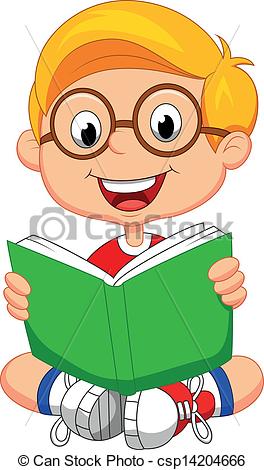 Vector   Young Boy Cartoon Reading Book   Stock Illustration Royalty