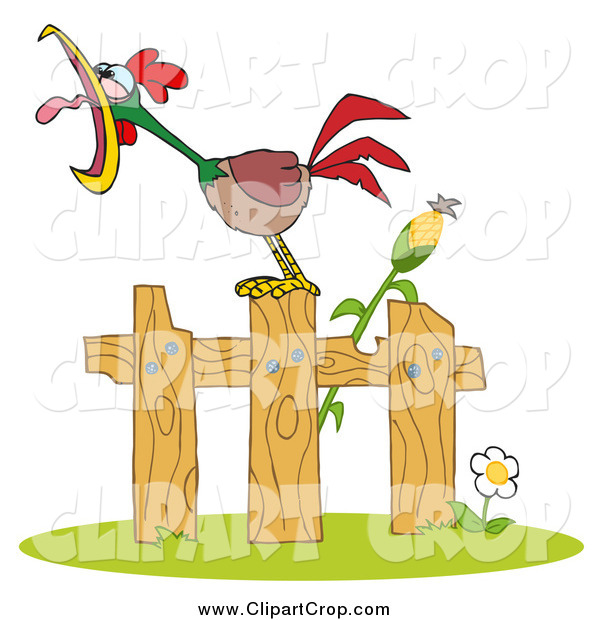 Clip Art Vector Of A Loud Rooster Crowing On A Wooden Fence By A Corn