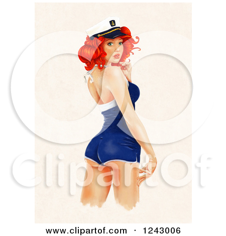 Sexy Red Haired Sailor Girl Pinup Looking Back Over Beige By
