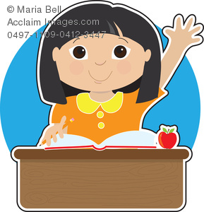 Asian Girl Sitting At A School Desk In The Classroom Raising Her
