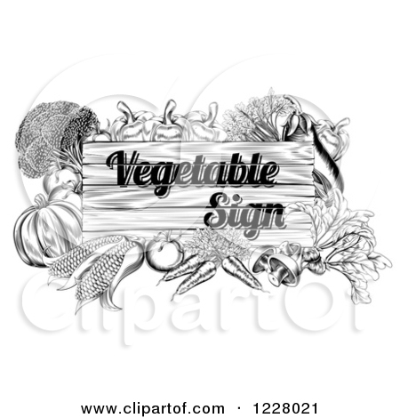Clipart Of A Black And White Wooden Vegetable Sign With Produce