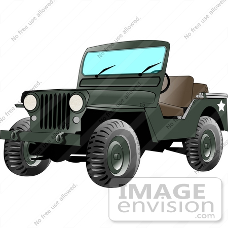 Clipart Of A Forest Green Colored Convertible Army Jeep Vehicle   0012