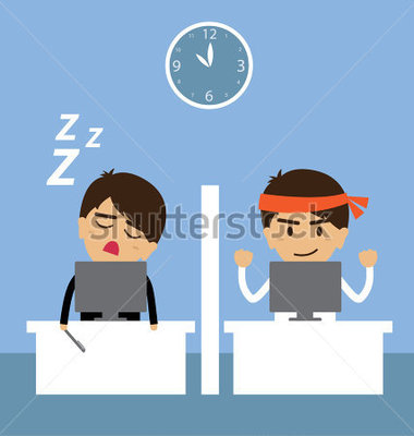 Businessman Falling Asleep At His Work And Businessman Working Hard At