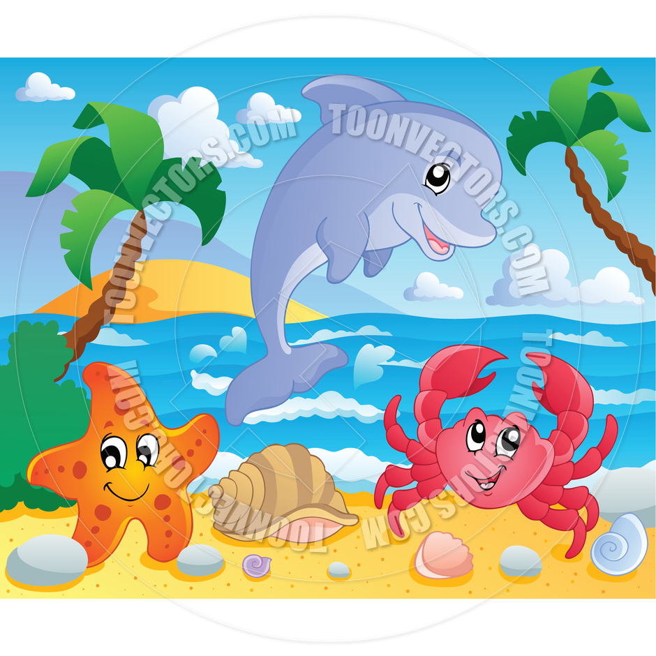Cartoon Beach Landscape Scene With Sea Creatures By Clairev   Toon