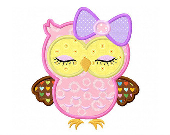Cute Girly Owl With Bow 02 Eyes Clo Sed Digital Applique  4x4 5x7 6x10