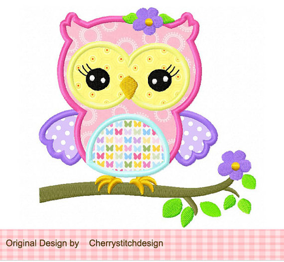 Cute Spring Girly Owl 03 Applique  4x4 5x7 6x10 Machine Embroidery    