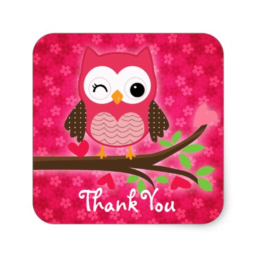 Hot Pink Cute Owl Girly Thank You Square Sticker   Zazzle