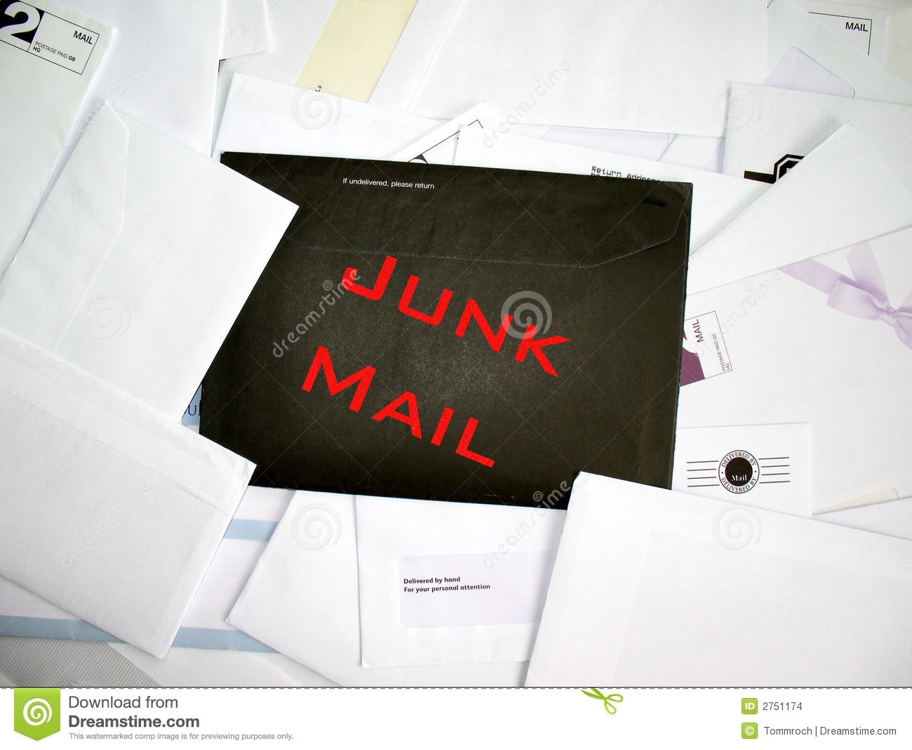 Pile Of Unsolicited Mail With Black Envelope Stating Junk Mail 