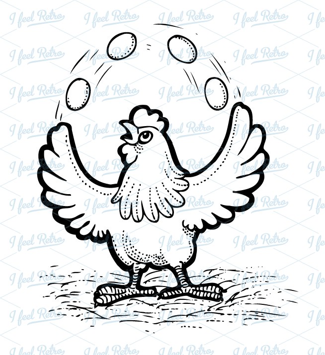 Retro Clipart  Chicken Juggles Their Own Eggs   Authentic Vintage