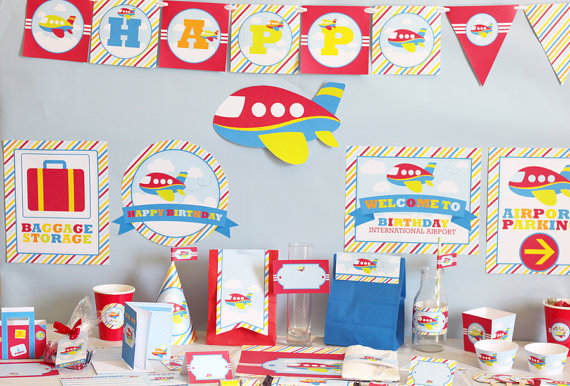 Airplane Birthday Diy Printable Party Kit Red Lime Green Yellow    