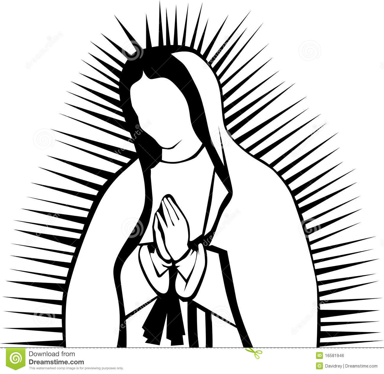 Black And White Clipart Illustration Of A Praying Virgin Of Guadalupe
